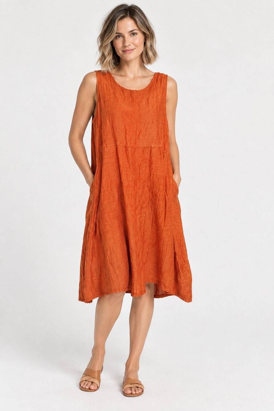 FLAX Rust Orange Linen Cotton Lagenlook Shift Tunic Dress Size L